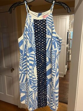 Lilly Pulitzer Blue & White Shift Dress with Navy Braid